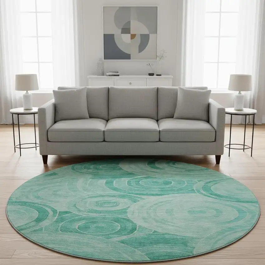 8' Teal And Ivory Geometric Washable Round Rug With UV Protection Photo 2