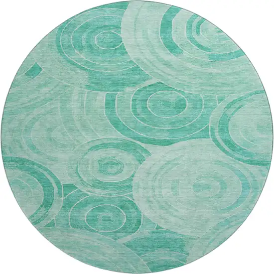 8' Teal And Ivory Geometric Washable Round Rug With UV Protection Photo 1