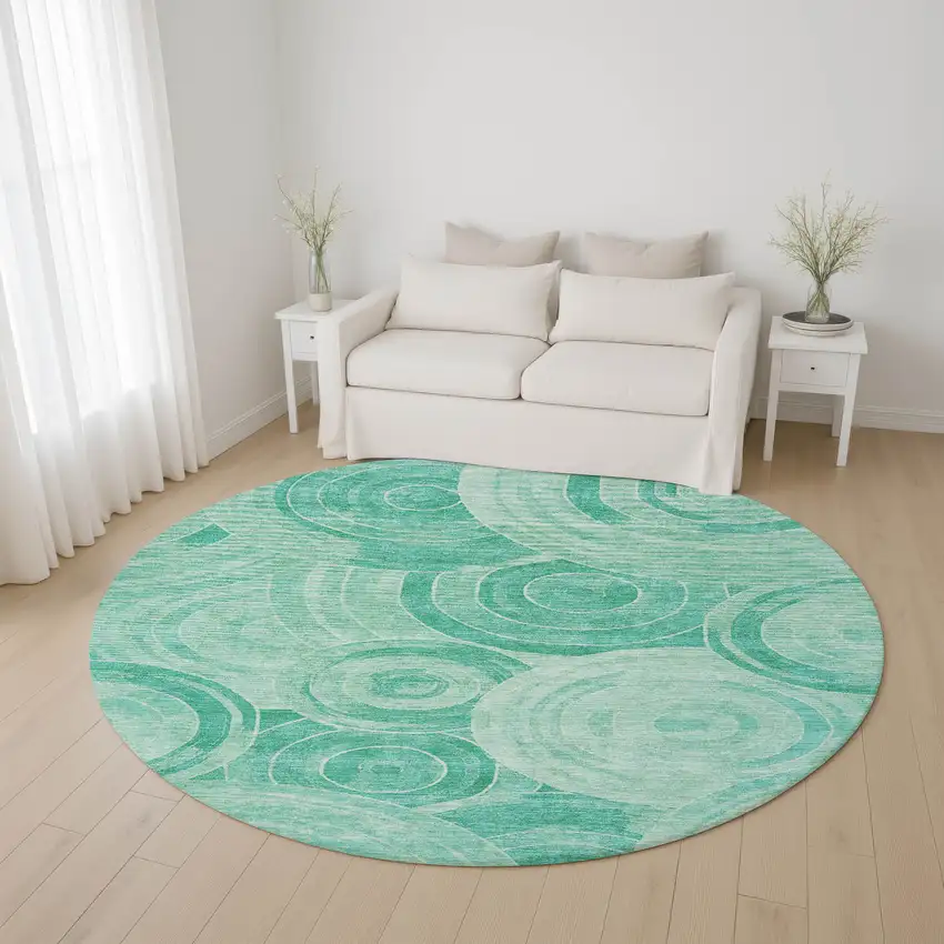 8' Teal And Ivory Geometric Washable Round Rug With UV Protection Photo 4