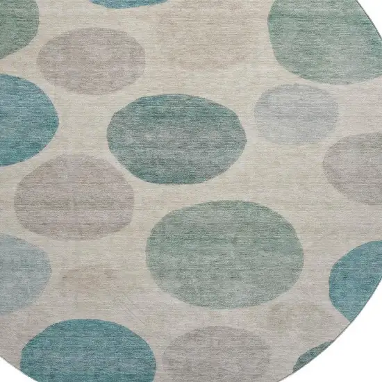 8' Teal And Ivory Geometric Washable Round Rug With UV Protection Photo 3