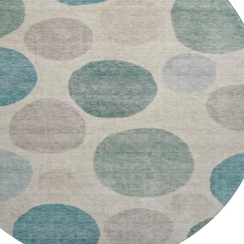 8' Teal And Ivory Geometric Washable Round Rug With UV Protection Photo 3