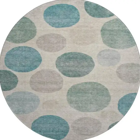 8' Teal And Ivory Geometric Washable Round Rug With UV Protection Photo 4