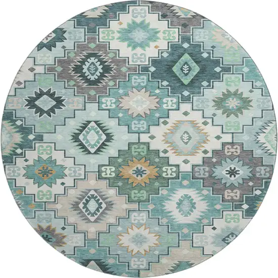 8' Teal And Ivory Geometric Washable Round Rug With UV Protection Photo 1