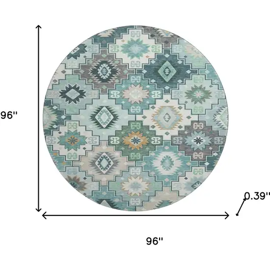 8' Teal And Ivory Geometric Washable Round Rug With UV Protection Photo 8