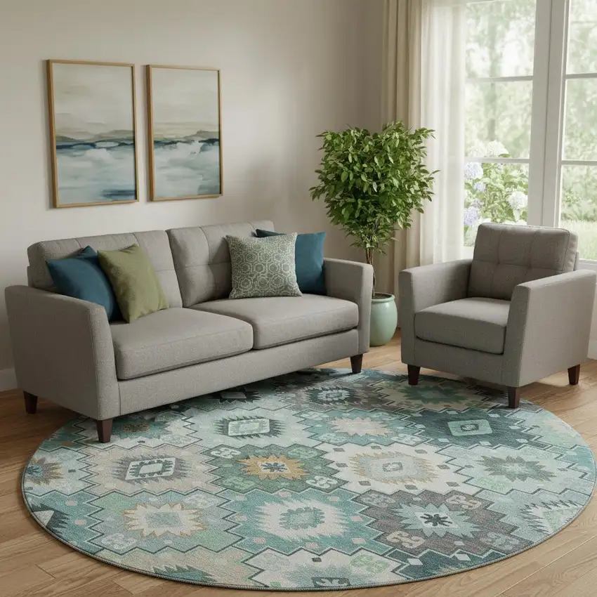 8' Teal And Ivory Geometric Washable Round Rug With UV Protection Photo 2