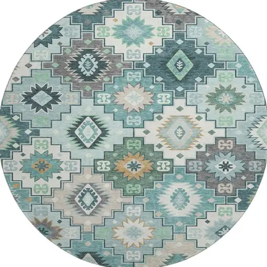 8' Teal And Ivory Geometric Washable Round Rug With UV Protection Photo 4