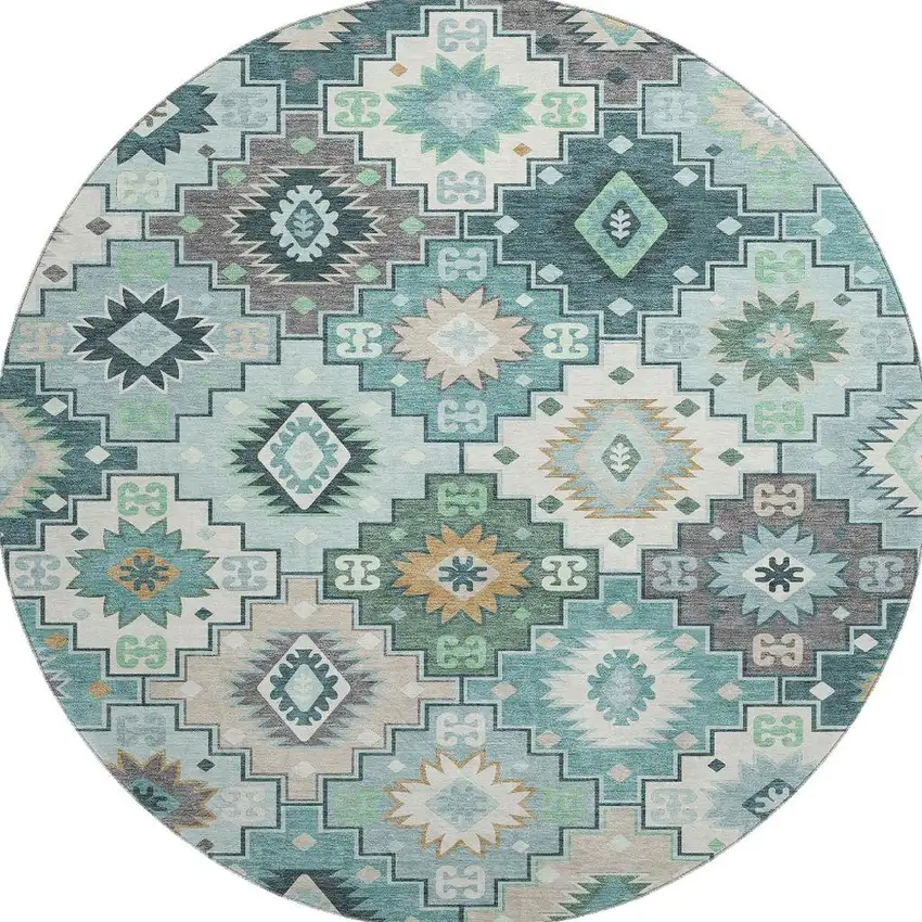 8' Teal And Ivory Geometric Washable Round Rug With UV Protection Photo 4