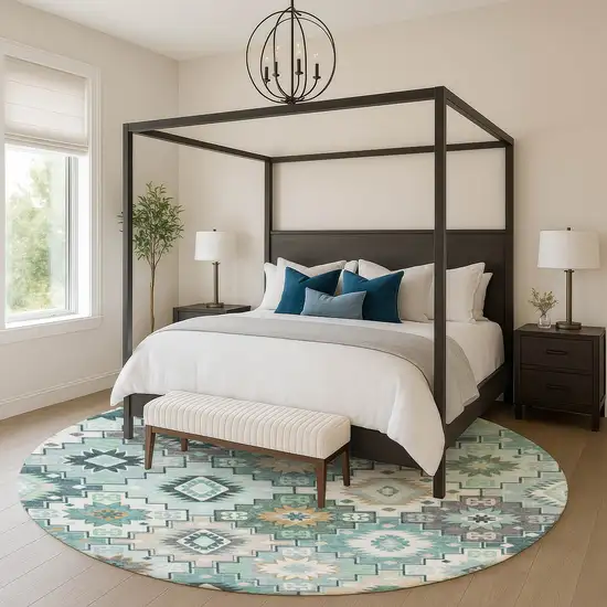 8' Teal And Ivory Geometric Washable Round Rug With UV Protection Photo 5