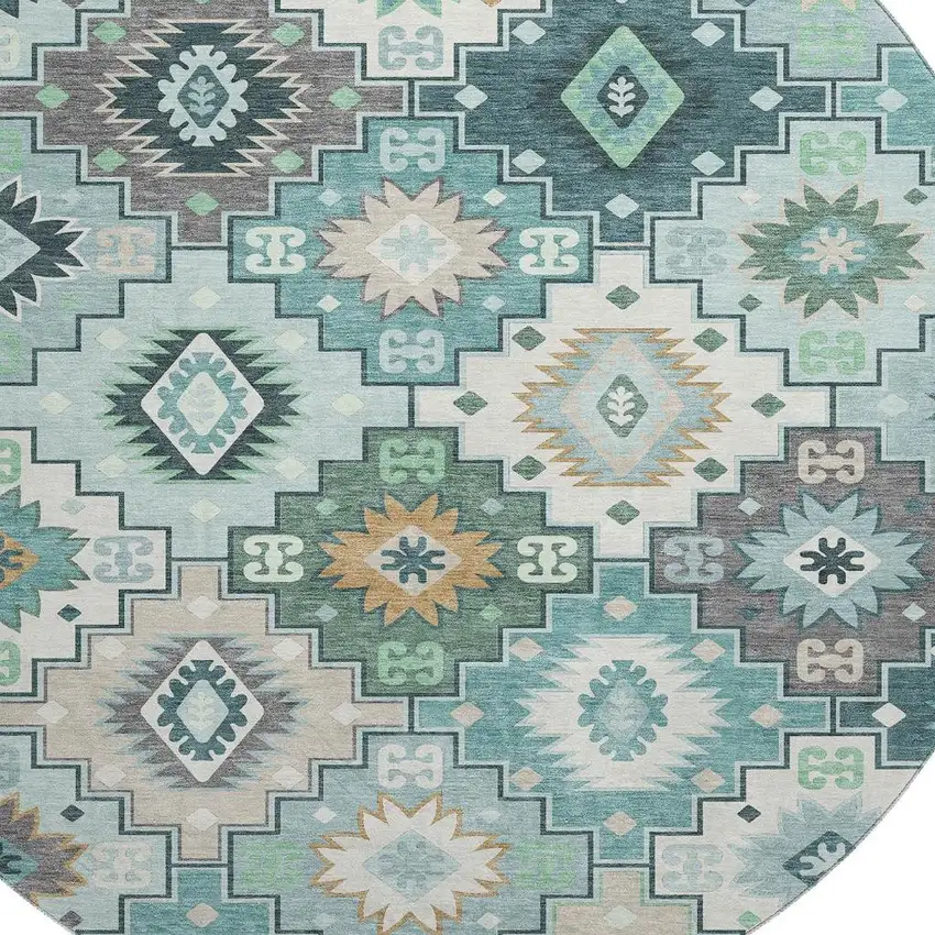8' Teal And Ivory Geometric Washable Round Rug With UV Protection Photo 3