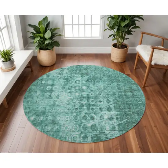 8' Teal And Ivory Ikat Washable Round Rug With UV Protection Photo 2