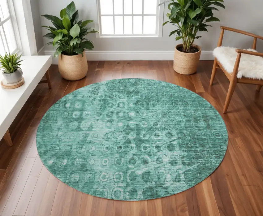 8' Teal And Ivory Ikat Washable Round Rug With UV Protection Photo 2
