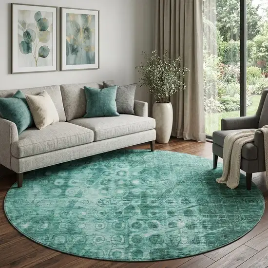 8' Teal And Ivory Ikat Washable Round Rug With UV Protection Photo 1