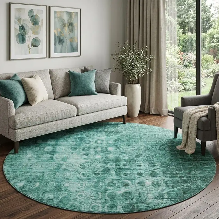 8' Teal And Ivory Ikat Washable Round Rug With UV Protection Photo 1