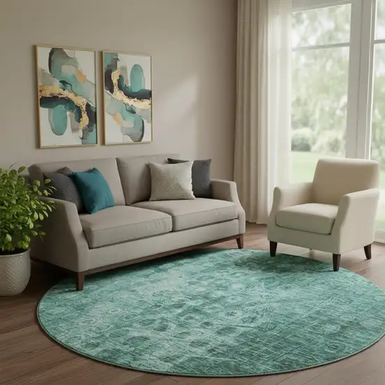 8' Teal And Ivory Ikat Washable Round Rug With UV Protection Photo 1