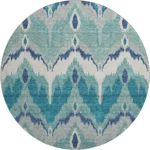 Photo of 8' Teal And Ivory Ikat Washable Round Rug With UV Protection