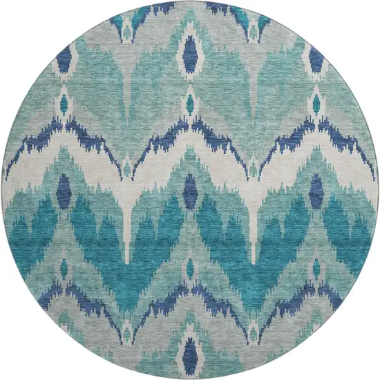 8' Teal And Ivory Ikat Washable Round Rug With UV Protection Photo 1