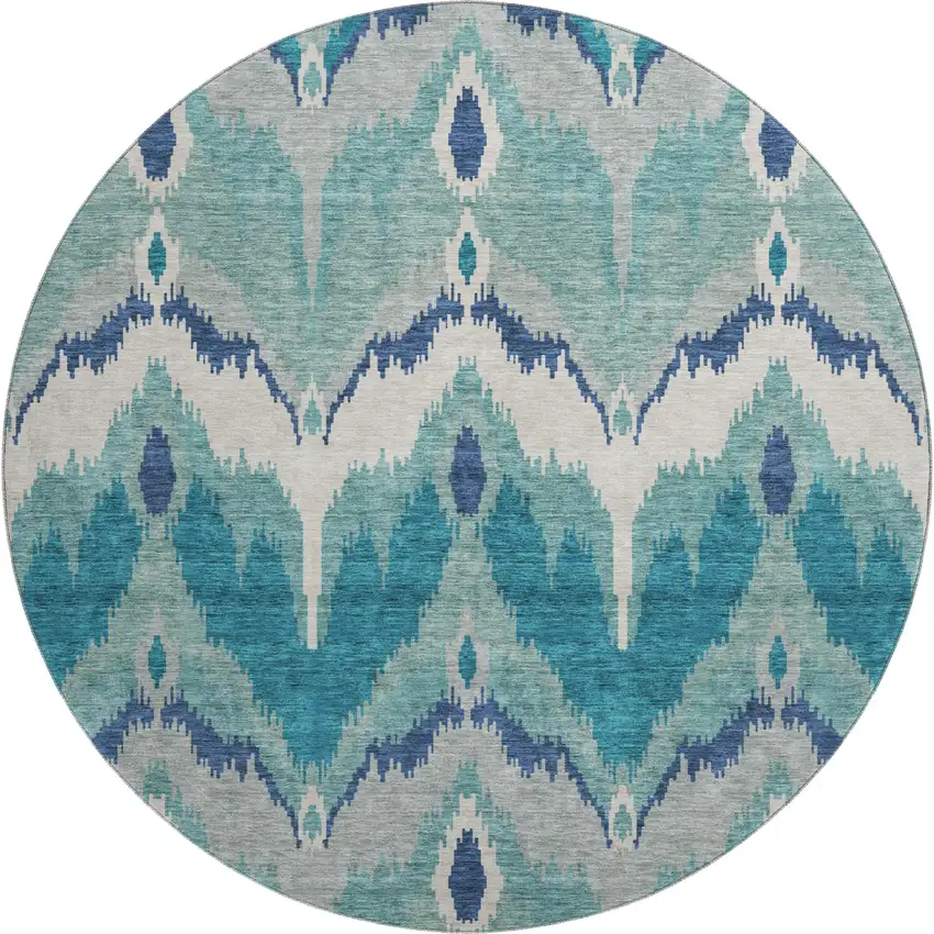 8' Teal And Ivory Ikat Washable Round Rug With UV Protection Photo 1