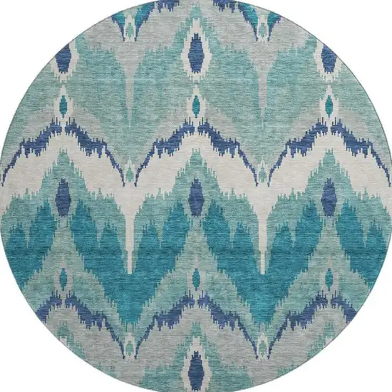 8' Teal And Ivory Ikat Washable Round Rug With UV Protection Photo 4