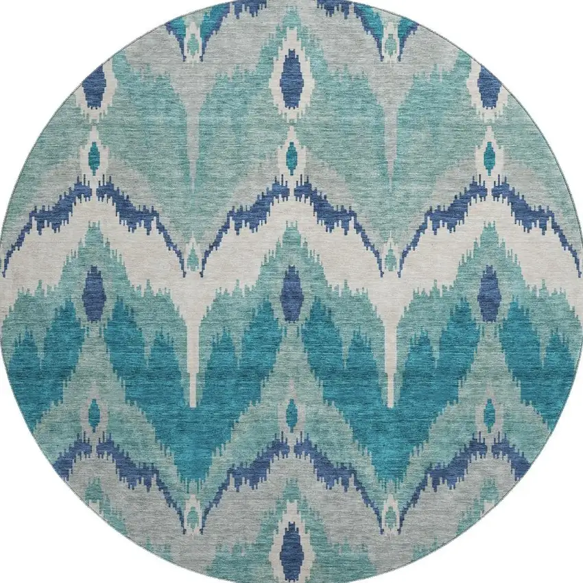 8' Teal And Ivory Ikat Washable Round Rug With UV Protection Photo 4