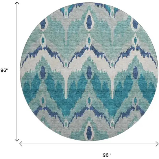 8' Teal And Ivory Ikat Washable Round Rug With UV Protection Photo 3