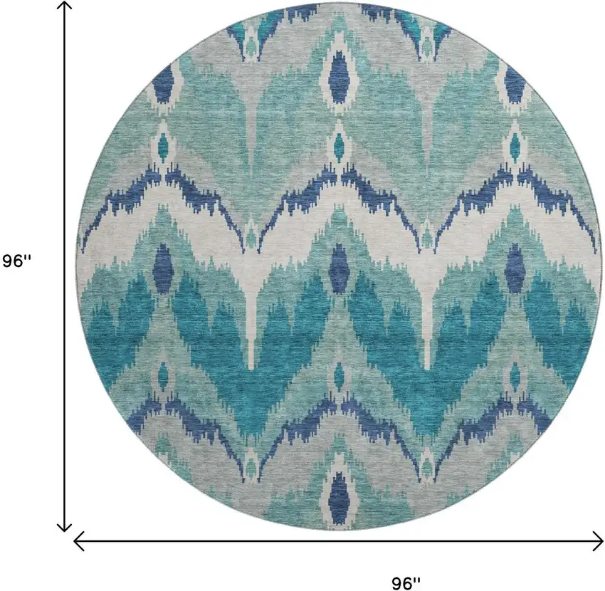 8' Teal And Ivory Ikat Washable Round Rug With UV Protection Photo 3
