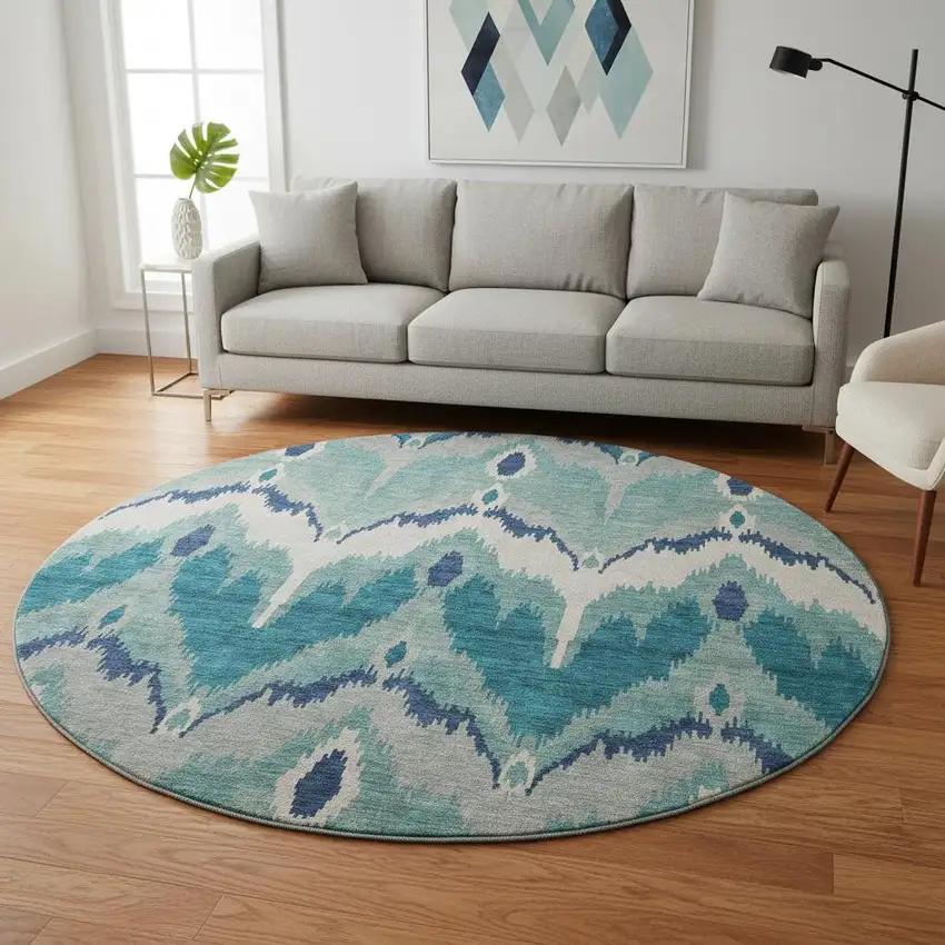 8' Teal And Ivory Ikat Washable Round Rug With UV Protection Photo 2