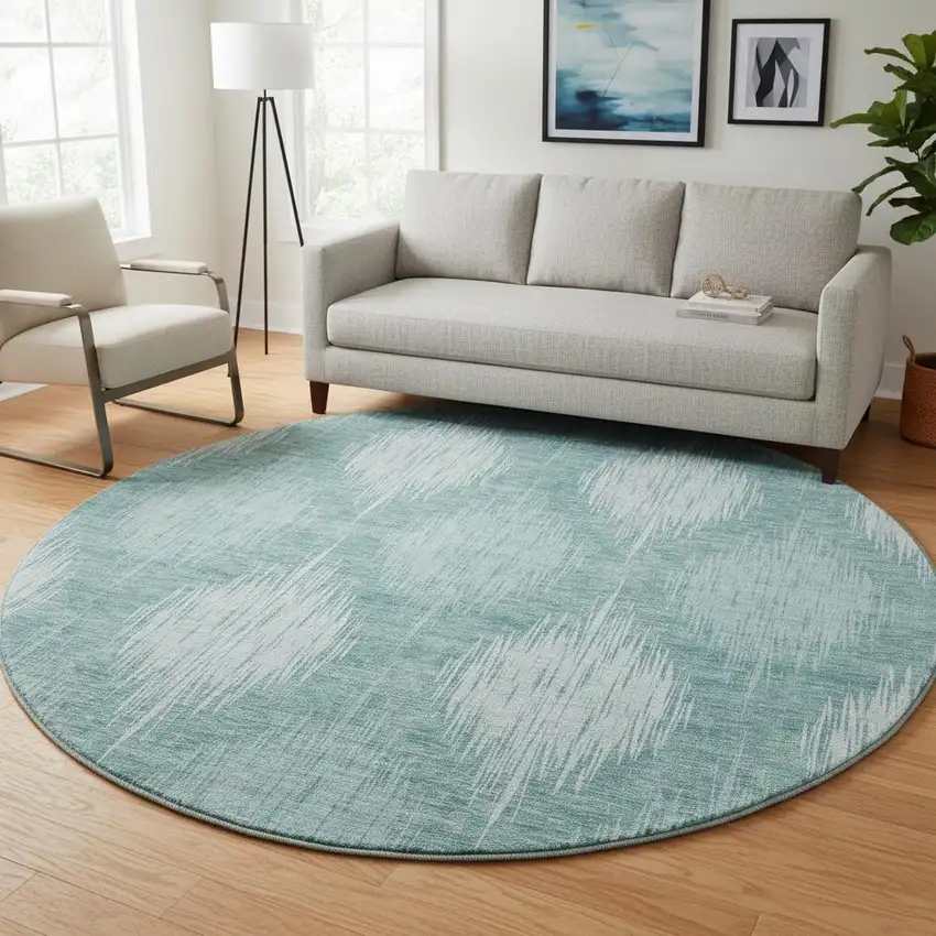 8' Teal And Ivory Ikat Washable Round Rug With UV Protection Photo 2