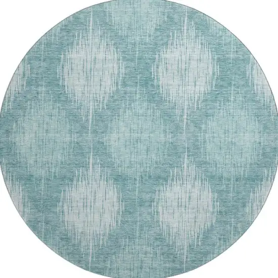 8' Teal And Ivory Ikat Washable Round Rug With UV Protection Photo 3