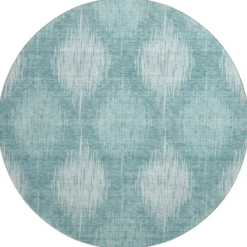 8' Teal And Ivory Ikat Washable Round Rug With UV Protection Photo 3