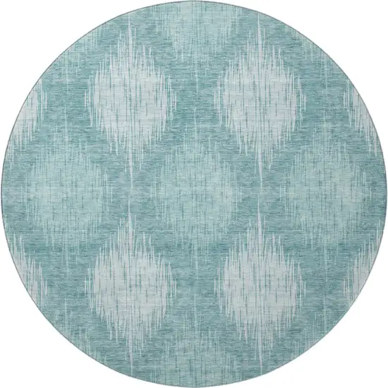 8' Teal And Ivory Ikat Washable Round Rug With UV Protection Photo 4