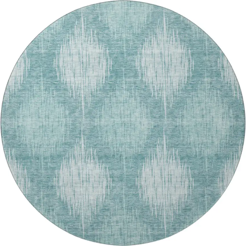 8' Teal And Ivory Ikat Washable Round Rug With UV Protection Photo 4