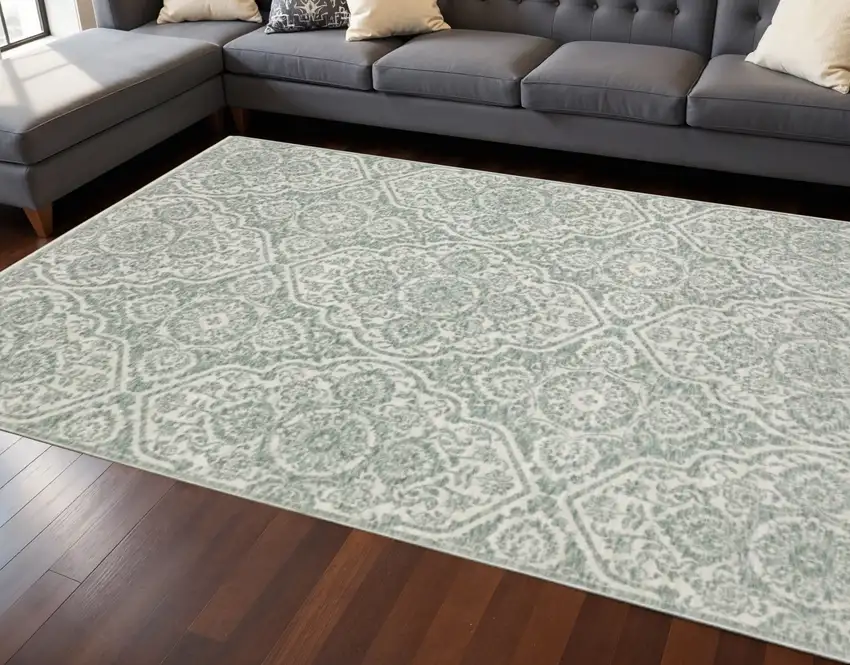 8' Teal And Ivory Medallion Runner Rug With Fringe Photo 1