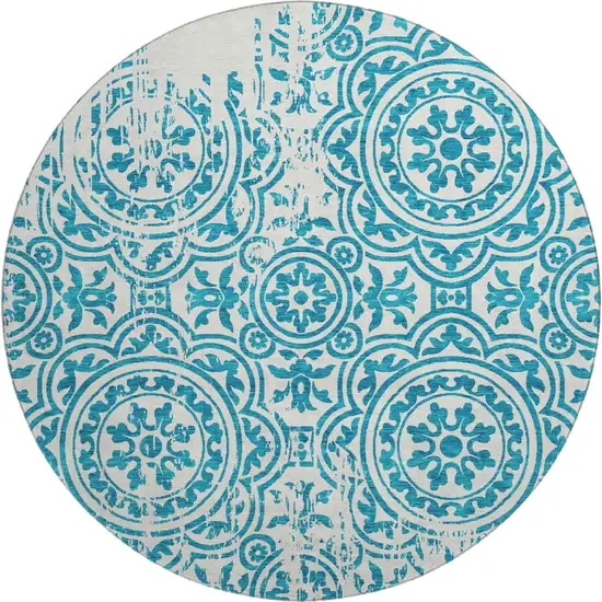 8' Teal And Ivory Medallion Washable Round Rug With UV Protection Photo 1