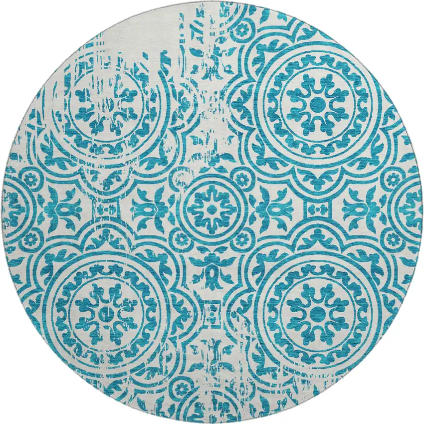8' Teal And Ivory Medallion Washable Round Rug With UV Protection Photo 1