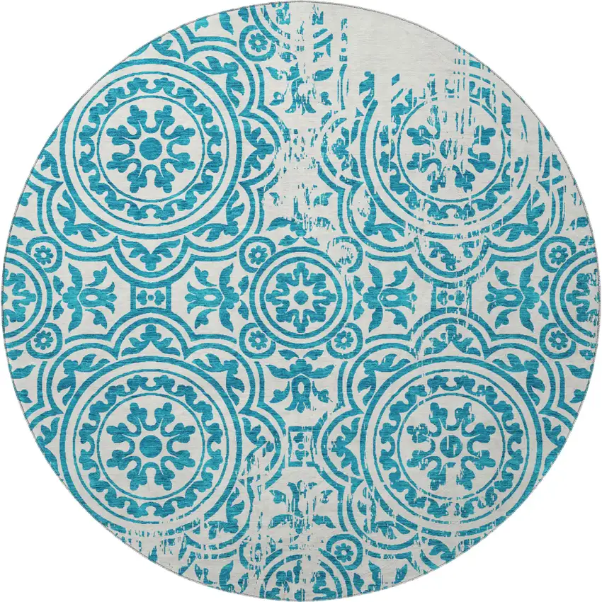 8' Teal And Ivory Medallion Washable Round Rug With UV Protection Photo 4