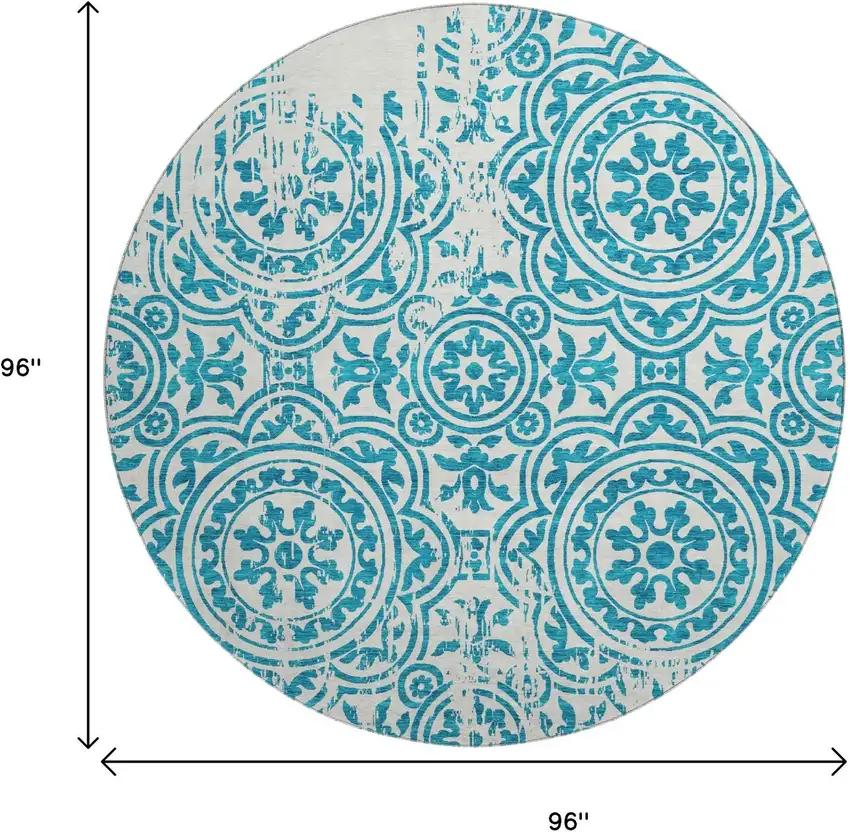 8' Teal And Ivory Medallion Washable Round Rug With UV Protection Photo 3