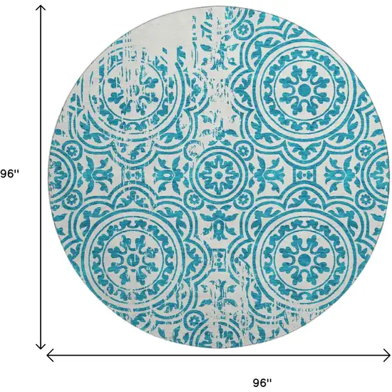 8' Teal And Ivory Medallion Washable Round Rug With UV Protection Photo 3