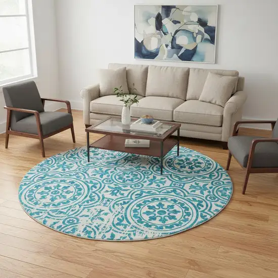 8' Teal And Ivory Medallion Washable Round Rug With UV Protection Photo 2