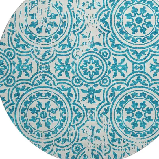 8' Teal And Ivory Medallion Washable Round Rug With UV Protection Photo 3