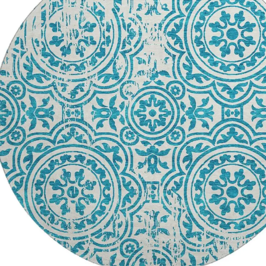 8' Teal And Ivory Medallion Washable Round Rug With UV Protection Photo 3