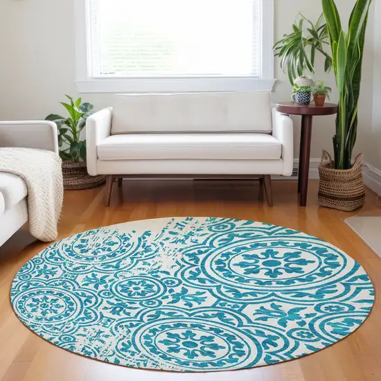 8' Teal And Ivory Medallion Washable Round Rug With UV Protection Photo 5