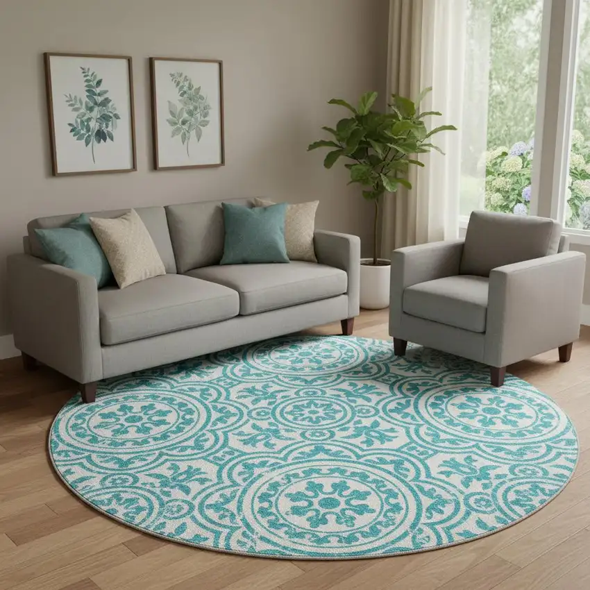 8' Teal And Ivory Medallion Washable Round Rug With UV Protection Photo 1