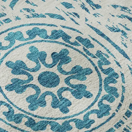 8' Teal And Ivory Medallion Washable Round Rug With UV Protection Photo 9