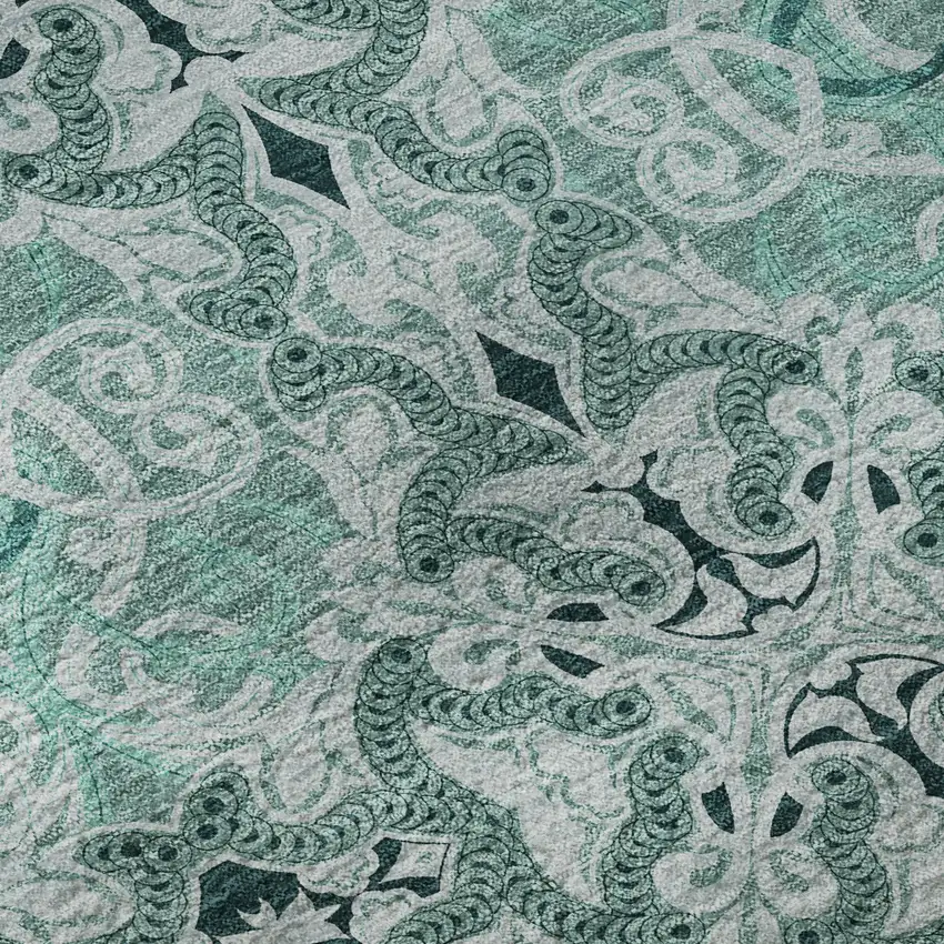 8' Teal And Ivory Medallion Washable Round Rug With UV Protection Photo 9