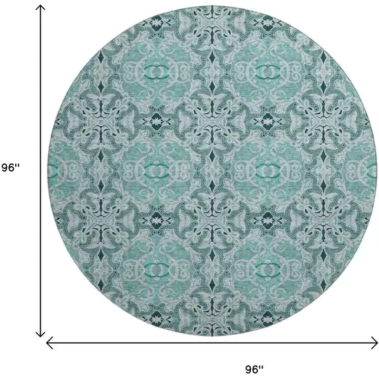 8' Teal And Ivory Medallion Washable Round Rug With UV Protection Photo 3