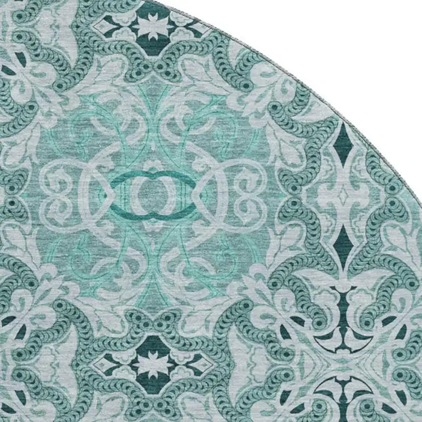 8' Teal And Ivory Medallion Washable Round Rug With UV Protection Photo 3