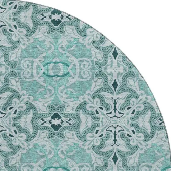 8' Teal And Ivory Medallion Washable Round Rug With UV Protection Photo 4