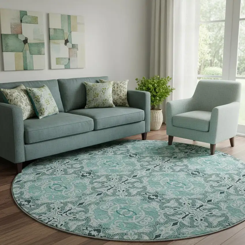 8' Teal And Ivory Medallion Washable Round Rug With UV Protection Photo 1