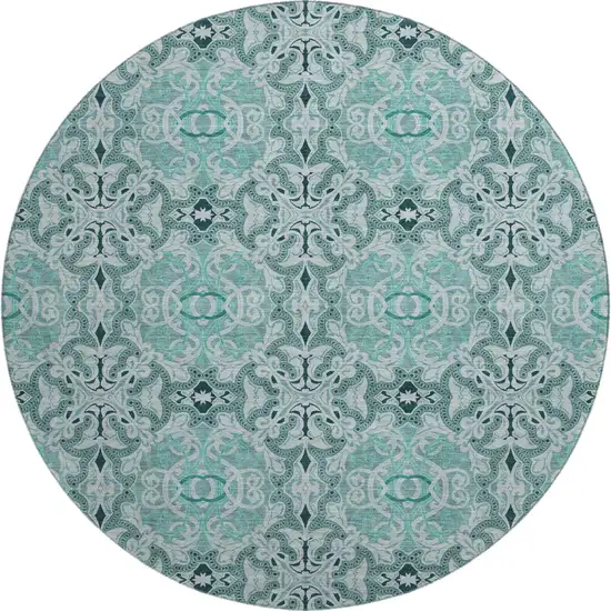 8' Teal And Ivory Medallion Washable Round Rug With UV Protection Photo 1