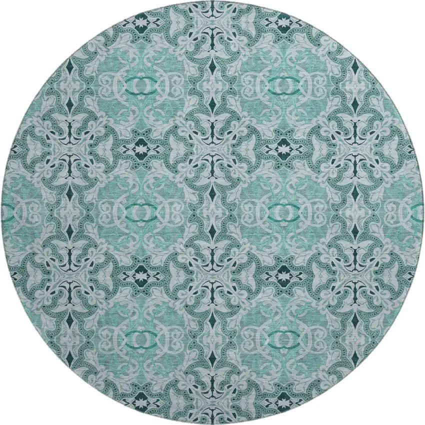 8' Teal And Ivory Medallion Washable Round Rug With UV Protection Photo 1